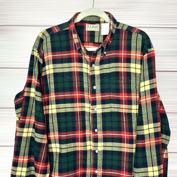 Vintage L.L. Bean Flannel Button Up Shirt Cotton Plaid Green Red Yellow size XL - Picture 3 of 11